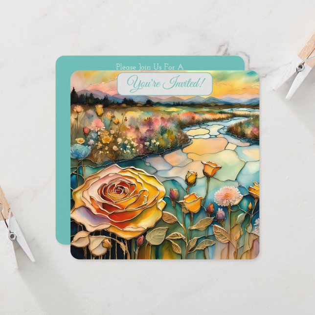 Guldrosa floddal soluppgång bröllop inbjudningar (Fram/Back In Situ)