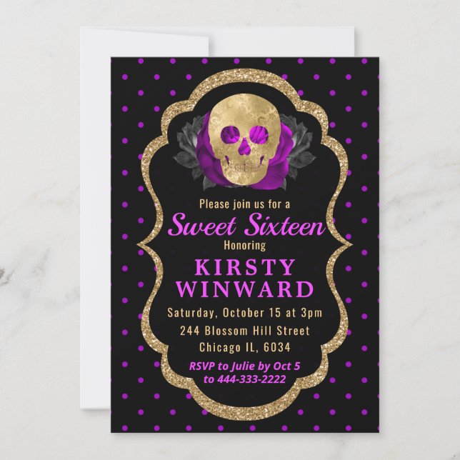 Guldskalle Blommig Prickig Halloween Sweet 16 Inbjudningar (Framsida)