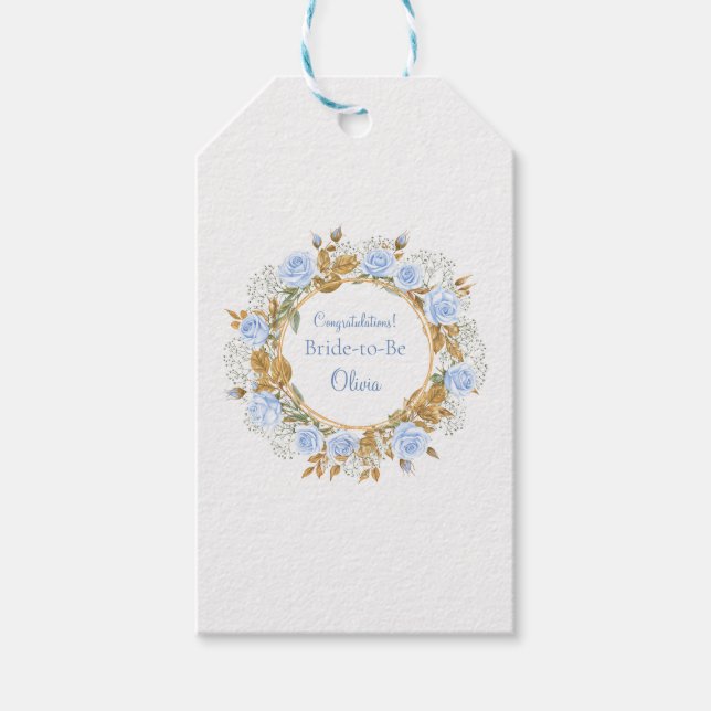 Guldskimrande blå ros bröllop presentetikett (Framsidan)