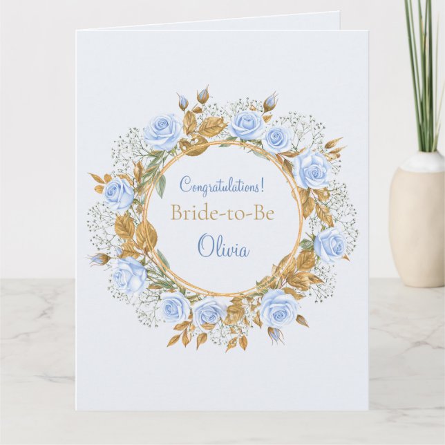 Guldskimrande blå rosbröllop kort (Framsida)