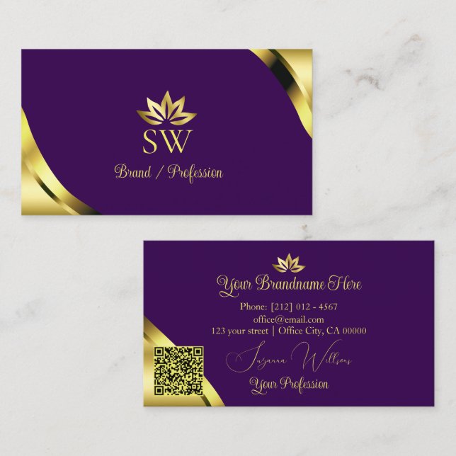 Guldskimrande hörn på lila monogram QR-kod Visitkort (Fram/baksida)