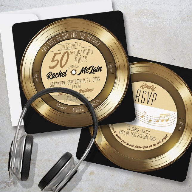 Guldskiva Retro 50-årsfest inbjudan (Fun unique retro black and gold music record 50th birthday party celebration square invitation A B)