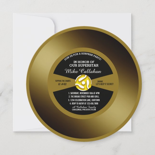 Guldskiva Vinyl 45 Överraskningsfest Inbjudningar (Framsida)