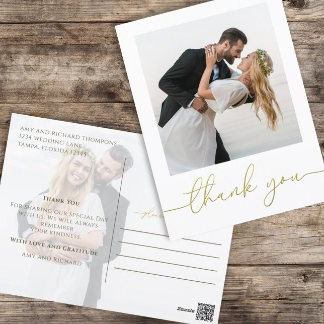 Guldskrift Foto Bröllop Tacksamt Postkort Vykort (Gold script wedding thank you postcard with photo and minimalist modern design)