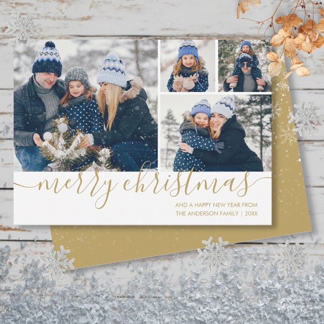 Guldskrift God Jul 4 Foto Julkort (Gold Script Merry Christmas 4 Photo Holiday Card)
