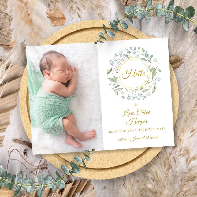 Guldskrift Hej Foto Grönska Blommig Födelse  Meddelande Vykort (Gold Script Hello Photo Greenery Floral Birth Announcement Postcard)