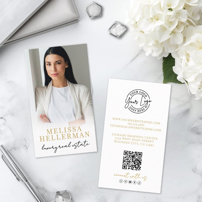 Guldskrift Lyxfastigheter Foto Visitkort (Gold Script Luxury Real Estate Photo Business Card )