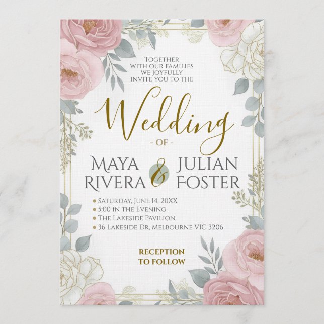 Guldskrift Rosa Dammtor Blå Blommig Bröllop Inbjudningar (Framsida)