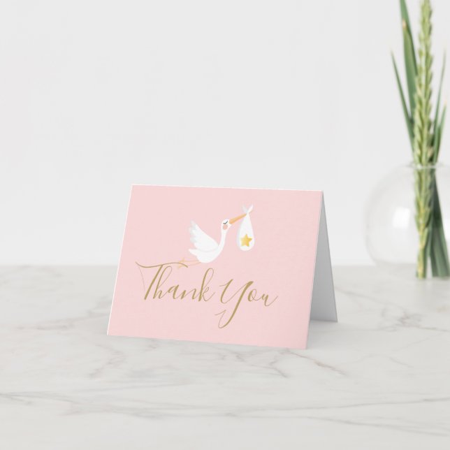 Guldskrift Tack Stork Babyflicka Rosa Kort (Framsida)