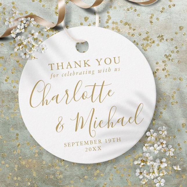 Guldskript bröllop tack presentkort gåvor etiketter (Gold Script Wedding Thank You Favor Tags)