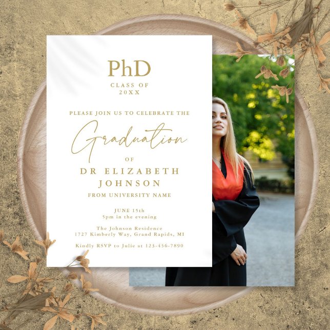 Guldskript PhD-examen Foto Examenstårsfirande Inbjudningar (Gold Script PhD Degree Photo Graduation Party Invitation)
