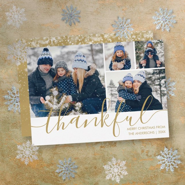 Guldskript Tacksam 4 Foto Jul Julkort (Gold Script Thankful 4 Photo Christmas Holiday Card)