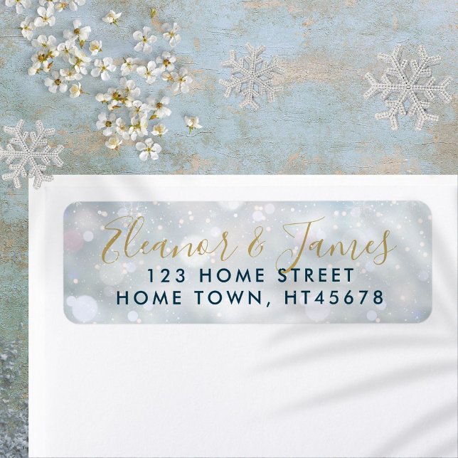 Guldskriptnamn Vintersnöscen Returadress Etikett (Gold Script Name Winter Snow Scene Return Address Label)