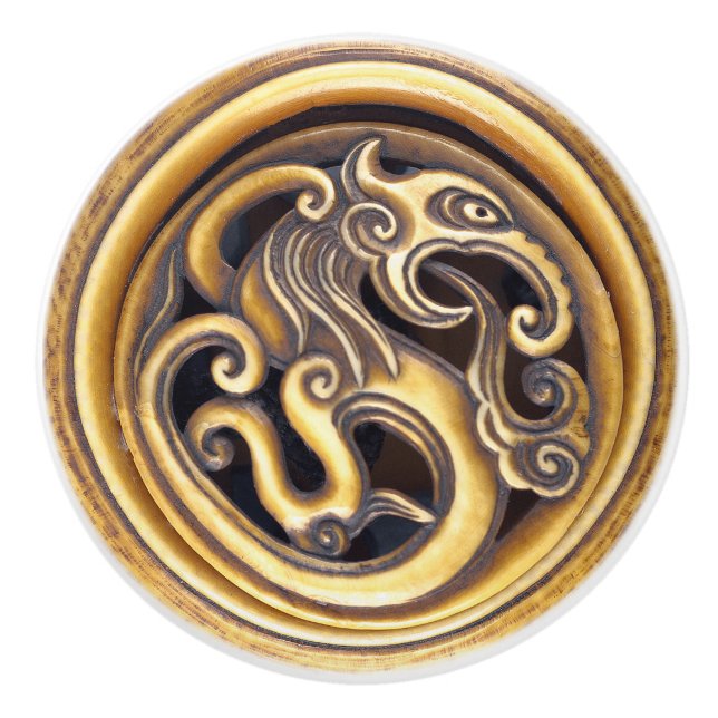 Guldskuren Drak Orientalisk Netsuke Manlig Yang Knopp (Framsidan)