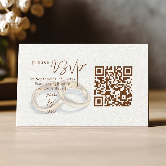 Guldsmedsringar rustika RSVP QR-kod Tilläggskort (Elegant RSVP card with gold rings illustration, brown script, and QR code.)