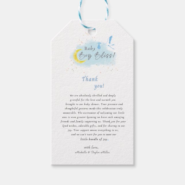 Guldstjärnblänkande Baby Boy Bliss Stork Specialle Presentetikett (Framsidan)
