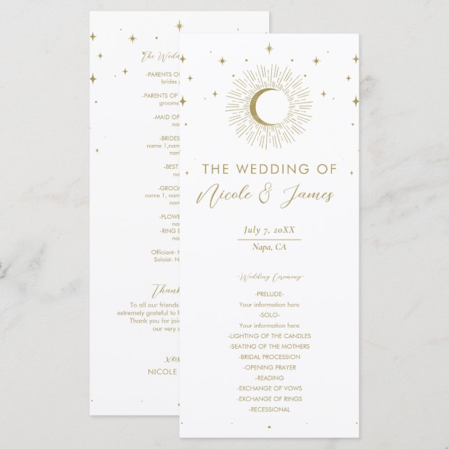 Guldstjärnor Celestial Soluppgång Måne Bröllopspro Meny (Fram/baksida)
