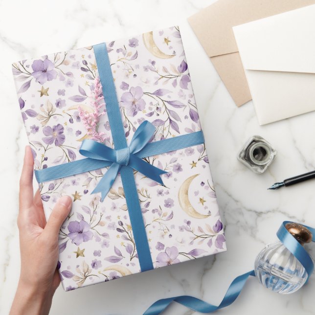 Guldstjärnor Måne Lila Blommor Födelsedag Presentpapper (Gifting)