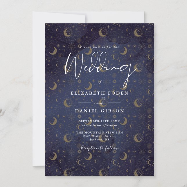 Guldstjärnor Måne Midnattsblå Celestial Bröllop Inbjudningar (Framsida)