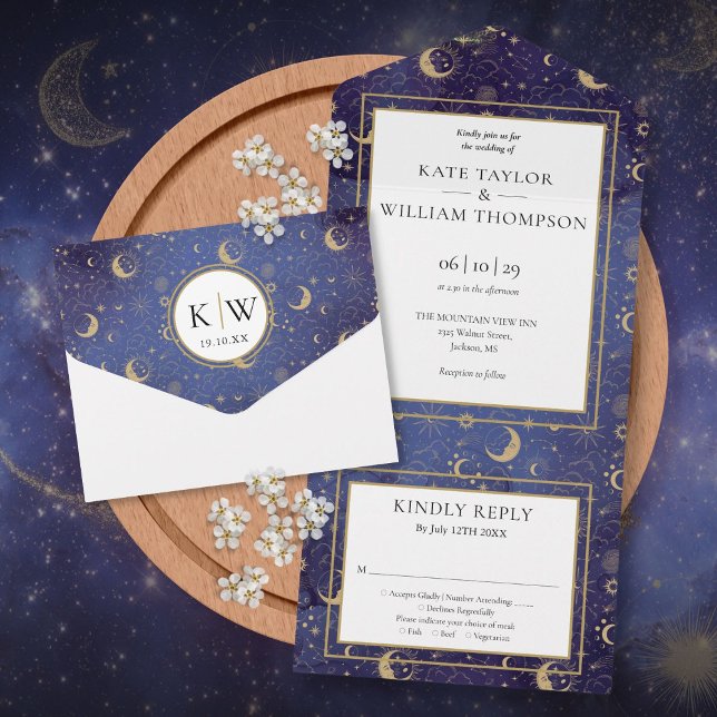 Guldstjärnor Månstjärnor Celestial Andlig Bröllop (Gold Stars Moon Stars Celestial Spiritual Wedding All In One Invitation)