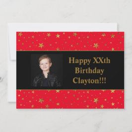 Guldstjärnor med meddelandefoto på röd födelsedag inbjudningar