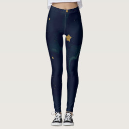 Guldstjärnor & Mörkblå Himmel Moln Söt Celestial Leggings