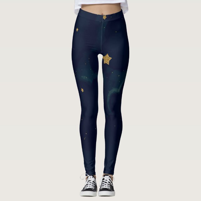 Guldstjärnor & Mörkblå Himmel Moln Söt Celestial Leggings (Framsida)