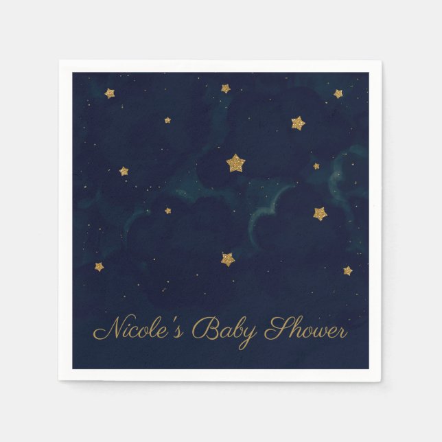 Guldstjärnor Mörkblå Natt Himmel Baby Shower-fest Pappersservett (Framsidan)