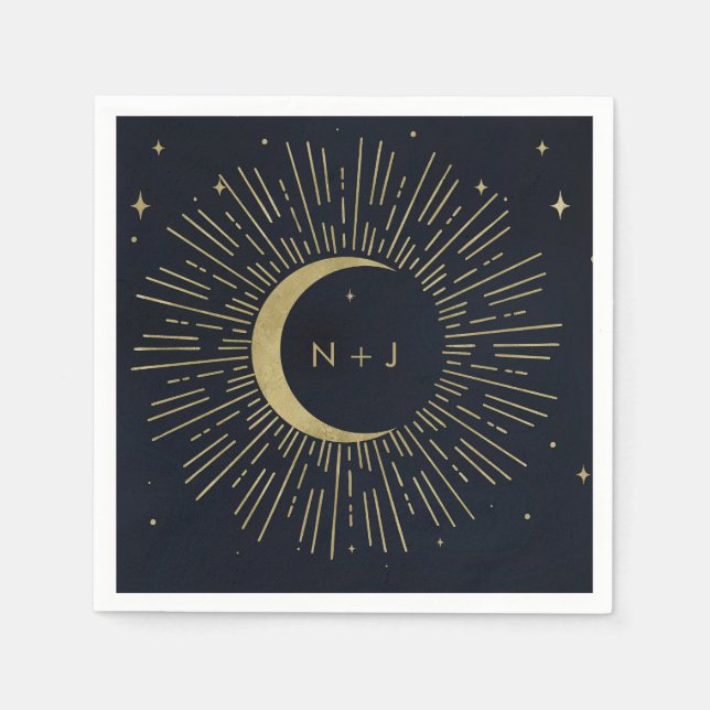 Guldstjärnor Natt Celestial Soluppgång Måne Bröllo Pappersservett (Framsidan)