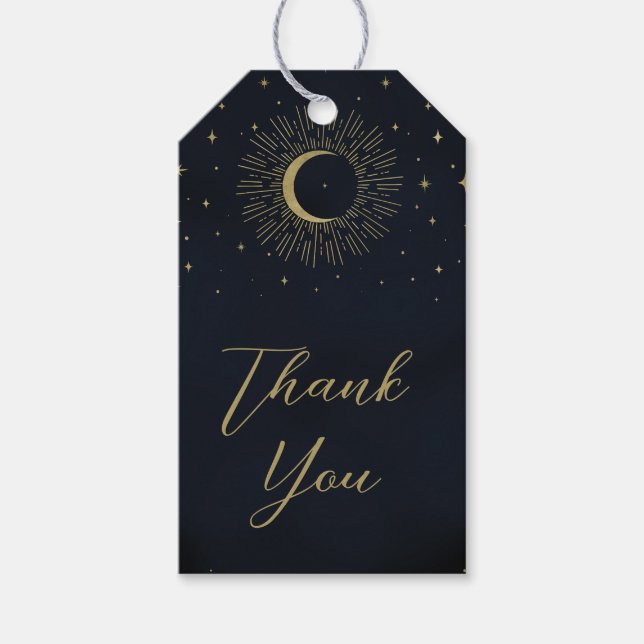 Guldstjärnor Natt Celestial Soluppgång Måne Bröllo Presentetikett (Framsidan)