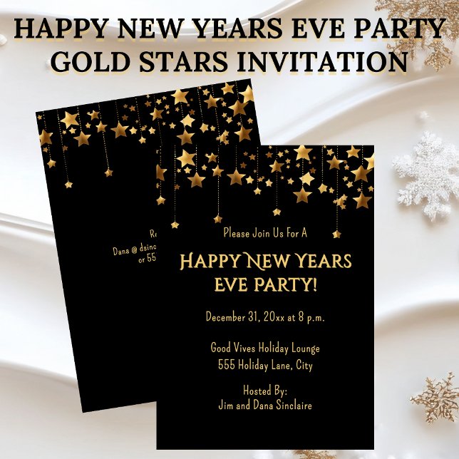 Guldstjärnor Nyårsaftonfest Inbjudningar (Happy New Years Eve Party Invitation Gold Stars on Black)
