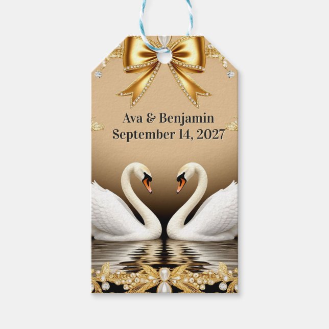 🦢 Guldsvan Romantisk Guld Bröllopstema 💍 Presentetikett (Framsidan)