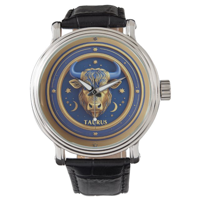 GuldTaurus Oxe I Kosmisk Zodiakcirkel Armbandsur (Framsida)