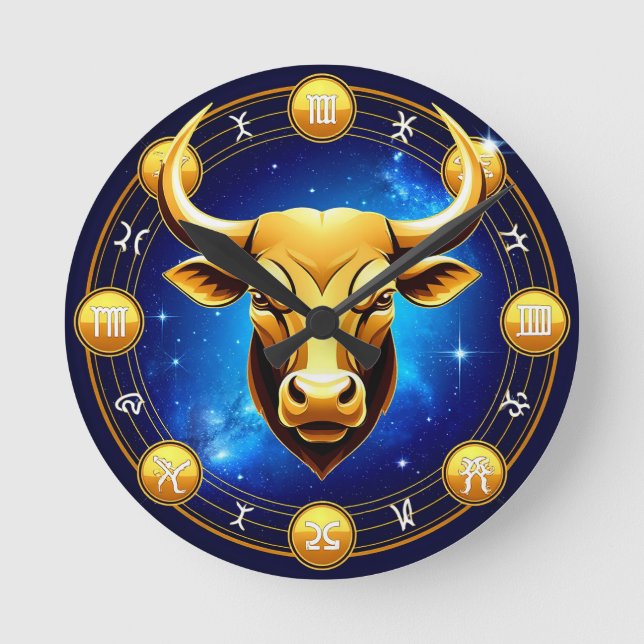 GuldTaurus Oxe I Kosmisk Zodiakcirkel Rund Klocka (Framsida)