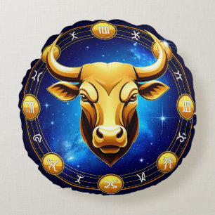 GuldTaurus Oxe I Kosmisk Zodiakcirkel Rund Kudde