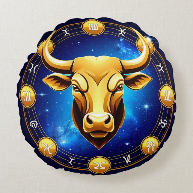 GuldTaurus Oxe I Kosmisk Zodiakcirkel Rund Kudde (Framsidan)