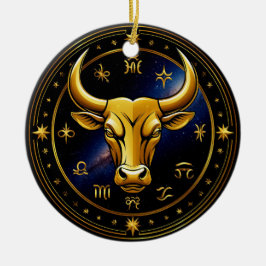 GuldTaurus-tjur inom ett cirkulärt zodiakshjul Julgransprydnad Keramik