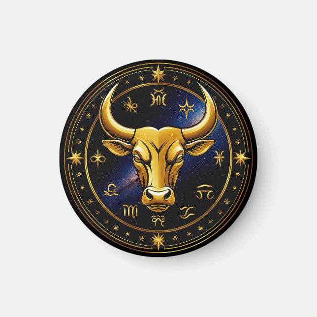 GuldTaurus-tjur inom ett cirkulärt zodiakshjul Magnet (Framsidan)
