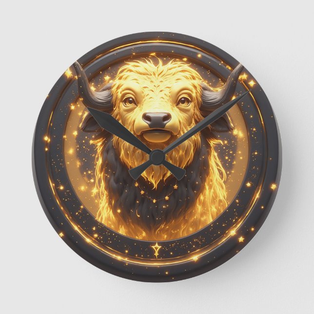 GuldTaurus-tjur inom ett cirkulärt zodiakshjul Rund Klocka (Framsida)