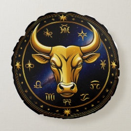 GuldTaurus-tjur inom ett cirkulärt zodiakshjul Rund Kudde