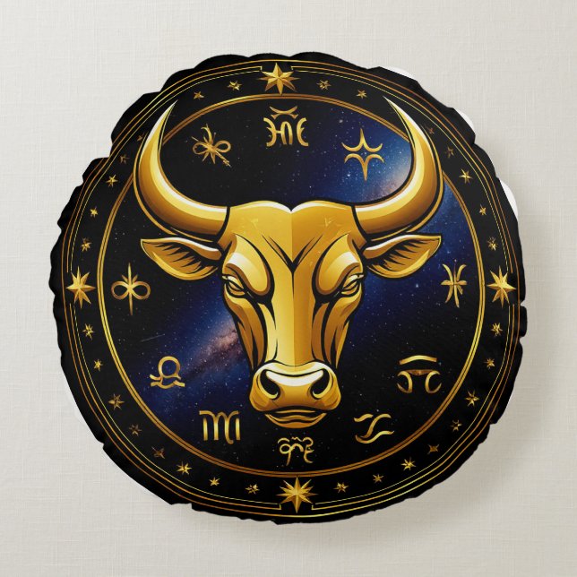 GuldTaurus-tjur inom ett cirkulärt zodiakshjul Rund Kudde (Framsidan)