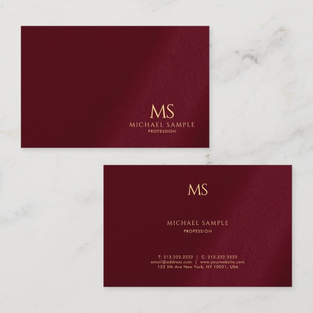 Guldtextmonogrammall Luxe Bordeaux Elegant Visitkort (Fram/baksida)