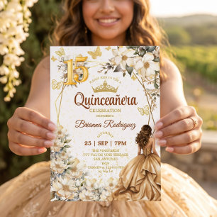 Guldtiara Blommig Beige Quinceañera Inbjudningar