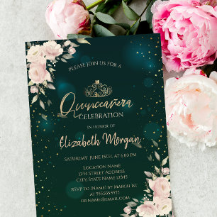 Guldtiara, Boho blommor Grön Quinceañera Inbjudningar