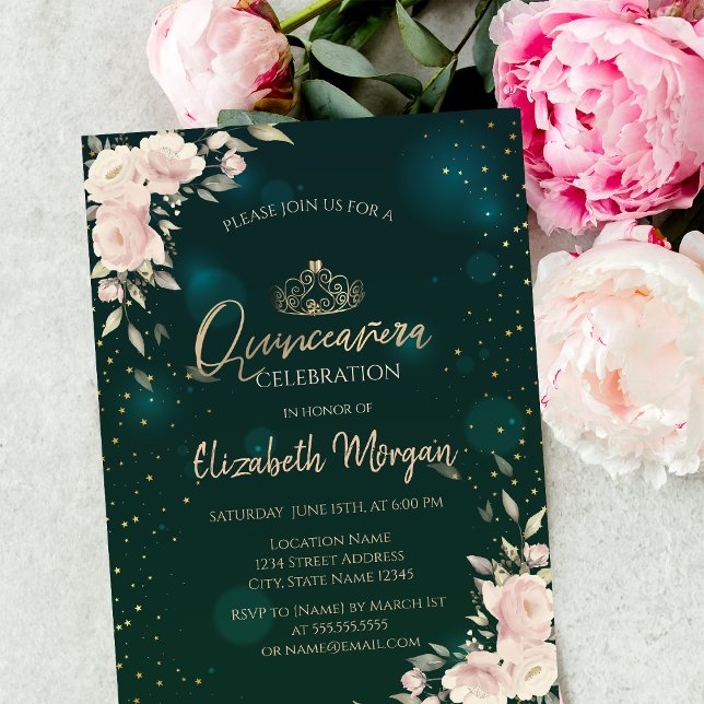 Guldtiara, Boho blommor Grön Quinceañera  Inbjudningar (Skapare uppladdad)