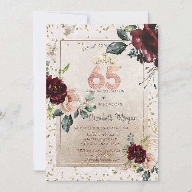 Guldtiara, Burgunderröda blommor 65-årsdag Inbjudningar (Framsida)