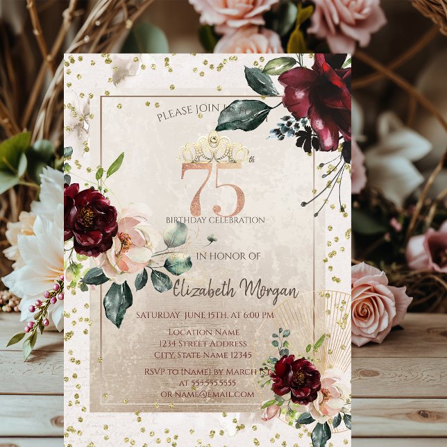 Guldtiara, Burgunderröda blommor  75-årsdag Inbjudningar (Skapare uppladdad)