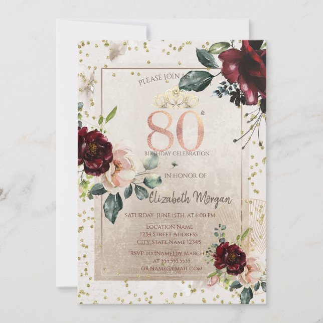 Guldtiara, Burgunderröda blommor  80-årsdag Inbjudningar (Framsida)