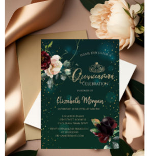 Guldtiara, Burgunderröda blommor Grön Quinceañera Inbjudningar