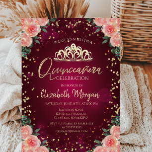 Guldtiara, diamant burgunderröd Quinceañera blommi Inbjudningar